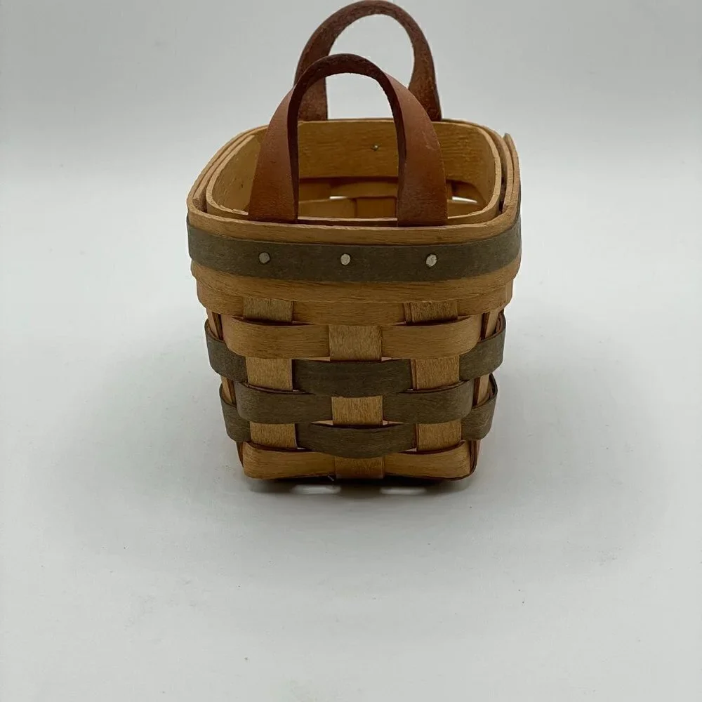 Bradford Basket Vintage Signed 1994 Handwoven Leather Handle Green Trim Basket